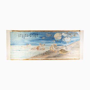 Pannello cinese in seta e acquerello ricamato con anatre