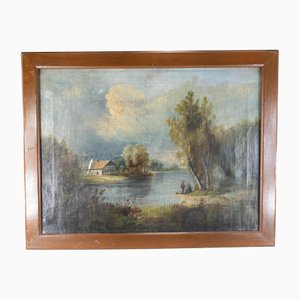 European Artist, Continental Landscape Fishing Scene, 1800s, Painting on Canvas