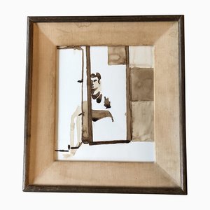 Hombre en el espejo, años 70, pintura de acuarela, enmarcado