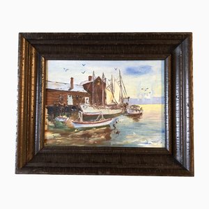 Puerto impresionista de New England Rockport, años 60, pintura en lienzo, enmarcado
