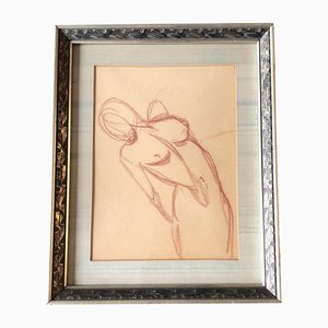 Desnudo femenino, Dibujo sepia, años 50, Obra de arte en papel, Enmarcado
