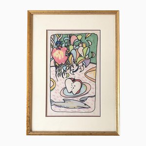 Jame Gilday, Still Life with Fish & Fruit, Colored Pencil Drawing, 1990s, Framed