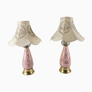 Lampade da tavolo Hollywood Regency Mid-Century Boudoir rosa e dorate, set di 2