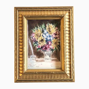 Bodegón en miniatura con flores, años 20, acuarela, enmarcado