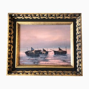 Abstrakte Meereslandschaft mit Booten im Sonnenuntergang, 1970er, Gemälde auf Leinwand, gerahmt