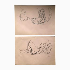 Abstract Nude Studies, 1970s, Charcoal on Paper, Set of 2