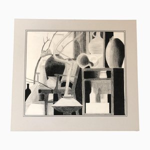 Pots & Sticks in Interior, 1970s, Charcoal on Paper