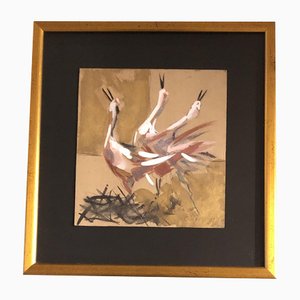 Abstract 3 Cranes, 1970s, Aquarelle sur Carton