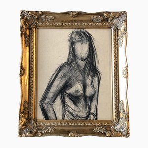 Abstract Female Nude Study, 1960s, Charcoal, Framed