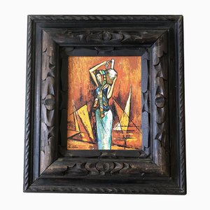 Abstract Female Carrying a Jug Painting, 1960s, Painting on Wood, Framed