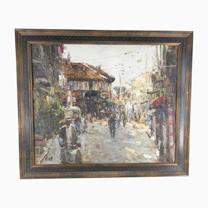 Artista asiático, Escena de calle, años 80, Pintura sobre lienzo