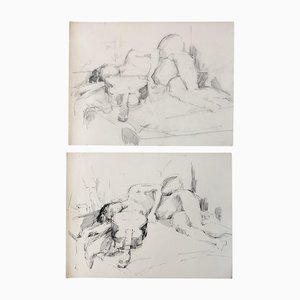 Female Nude with Guitar Studies, 1970s, Charcoal & Ink, Set of 2