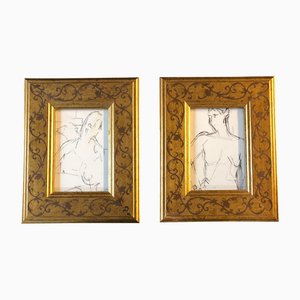 Small Abstract Nude Figures, 1970s, Pen & Ink on Paper, Framed, Set of 2