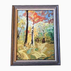 Paseo a caballo por el bosque, años 60, pintura sobre lienzo, enmarcado