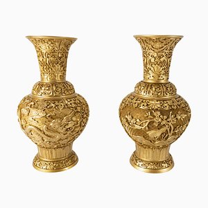 Vases Chinoiserie Hollywood Regency Doré, Set de 2