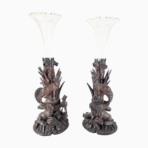 German Carved Black Forest Walnut Vases, Set of 2