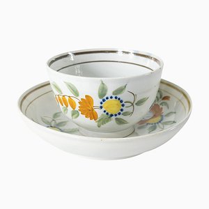 Antike englische Teetasse mit Untertasse aus Pearlware, 2er Set