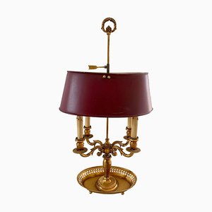 Vintage Messing Bouillotte Lampe mit burgunderfarbenem Tole Schirm