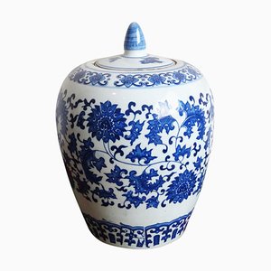 Frasco de jengibre de cerámica azul y blanco