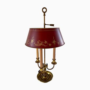 Mid-Century Brass Three-Arm Bouillotte Lamp with Red Tole Shade