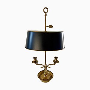 Mid-20th Century Brass Bouillotte Double Dolphin Lamp with Black Tole Shade
