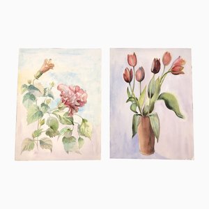 Floral Still Lifes, 1970s, Watercolors on Paper, Set of 2