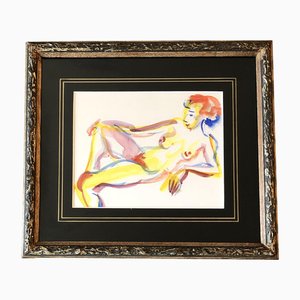 Expressionist Female Nude, 1970s, Watercolor, Framed