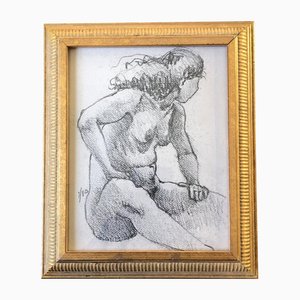 Estudio con desnudo de mujer, años 80, Carbón sobre papel, enmarcado