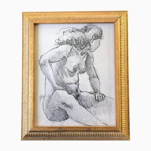Studio di nudo femminile, anni '80, carboncino su carta, con cornice