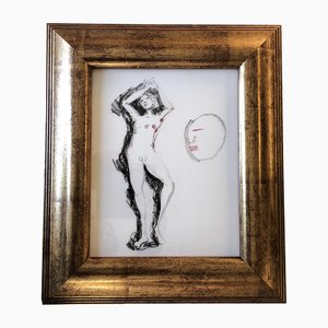 Estudio abstracto con desnudos masculinos, años 70, carboncillo, enmarcado