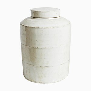 Frasco vintage de cerámica blanca con tapa