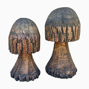 Vintage Folk Art Hand Carved Oak Mushroom Statues, Set of 2