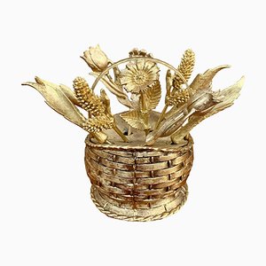 Mid-Century Hollywood Regency Gold Flower Basket with Cocktail Picks, Set of 10