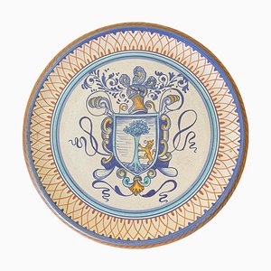 Italian Hand Painted Faience Pottery Wall Plate with Armorial Crest