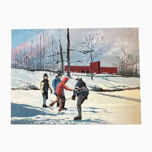 M Miller, Winter Snow Scene Hockey, 1970er, Malerei auf Leinwand