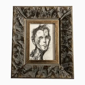 Abstract Male Portrait, 1970s, Ink on Paper, Framed