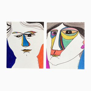 EJ Hartmann, Retratos abstractos, Dibujos con rotuladores de colores, años 80. Juego de 2