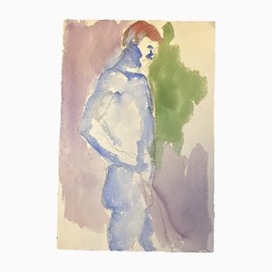 Nu Masculin, 1970s, Fusain Recto-Verso & Aquarelle sur Papier