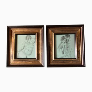 Abstract Female Nude Studies, Charcoal Drawings, 1950s, Set of 2