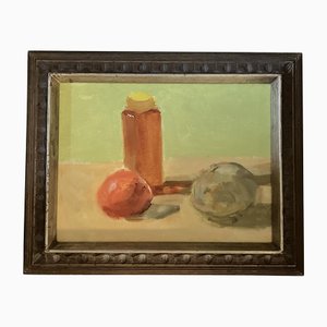 Natura morta impressionista con frutta e vaso, anni 2000, dipinto su tela, con cornice