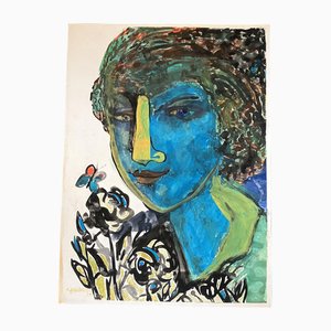 EJ Hartmann, Retrato femenino abstracto con mariposa, años 70, Pintura sobre papel