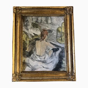 Artista in stile francese, Donna che fa il bagno, anni '60, dipinto su tela, con cornice