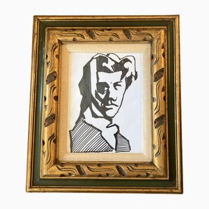 Abstract Male Portrait, Marker Drawing, 1970s, Framed