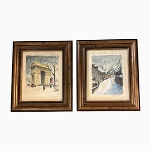 Escenas callejeras de París: Montmartre y Arc de Triomphe, años 50, Acuarelas sobre papel. Juego de 2