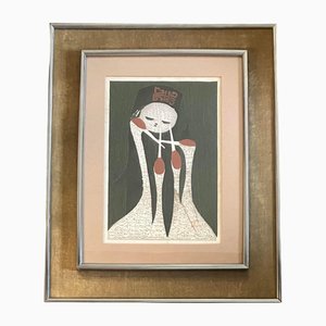 Kaoru Kawano, Girl with Four Cranes, 1950s, Block Print, Framed