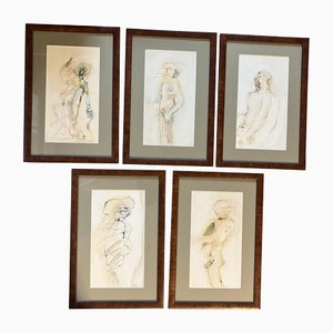 Desnudos abstractos, años 70, Pinturas sobre papel, Enmarcado. Juego de 5