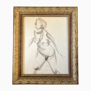 Abstract Female Nude Study, 1950s, Charcoal on Paper, Framed