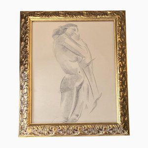 Estudio de mujer desnuda, años 50, dibujo al carboncillo, enmarcado