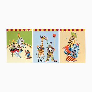 Paint by Number style Circus Paintings, 1950s, Set of 3