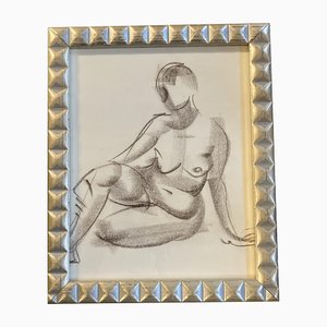 Estudio con desnudo de mujer, años 50, carboncillo sobre papel, enmarcado